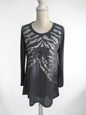 DIANE GILMAN Silver Gray Sequined Tunic Top Size Medium